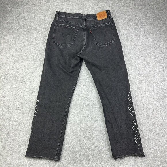 Levis Premium 501 Jeans Womens 29 Faded Black Distressed Studded Crop Big E Rock - Picture 4 of 16
